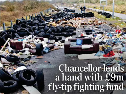  ??  ?? Sickening: A sofa, a bath and hundreds of tyres are dumped on a disused road in Newport, South Wales