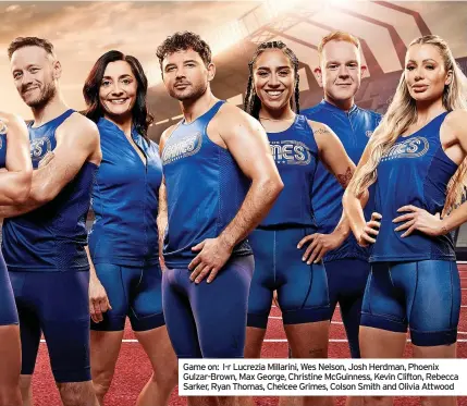  ?? ?? Game on: l-r Lucrezia Millarini, Wes Nelson, Josh Herdman, Phoenix Gulzar-Brown, Max George, Christine McGuinness, Kevin Clifton, Rebecca Sarker, Ryan Thomas, Chelcee Grimes, Colson Smith and Olivia Attwood