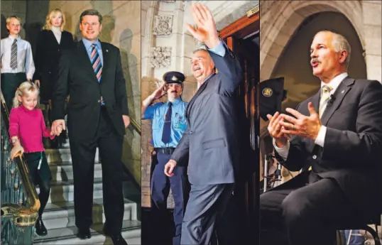  ?? PETER POWER/TORONTO STAR PETER POWER/TORONTO STAR DAVID COOPER/TORONTO STAR ?? On the day the Liberal government’s 17 months of minority rule came to an end, Conservati­ve Leader Stephen Harper walks down the Commons stairs with his family, left, Prime Minister Paul Martin manages a smile as he leaves the House and NDP Leader Jack...