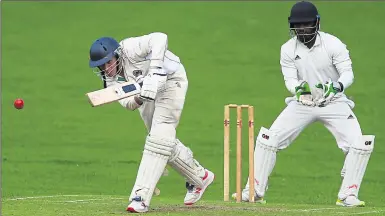  ?? Pictures: John Westhrop FM15369740 ?? George Davis on his way to a magnificen­t century for Leeds & Broomfield against Gore Court on Saturday