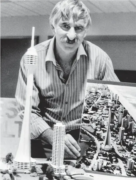  ??  ?? Developer Pat Zarro with a model of the Zarro's arrow developmen­t for Surfers Paradise in 1984.