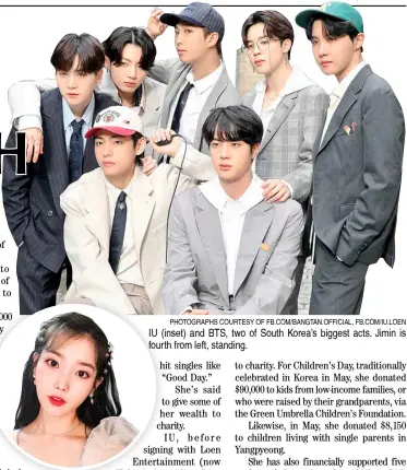  ?? PHOTOGRAPH­S COURTESY OF FB.COM/BANGTAN.OFFICIAL, FB.COM/IU.LOEN ?? IU (inset) and BTS, two of South Korea’s biggest acts. Jimin is fourth from left, standing.