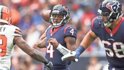  ??  ?? Texans quarterbac­k Deshaun Watson (4) could benefit from offensive line upgrades. SHANNA LOCKWOOD/USA TODAY SPORTS