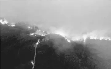  ??  ?? An aerial view of a wildfire burning near the village of Metochi, north of Athens, Greece. — Reuters photo