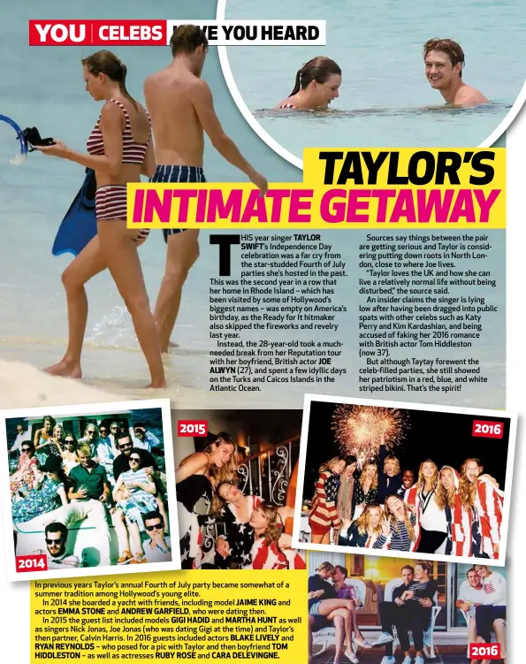  ??  ?? In previous years Taylor’s annual Fourth of July party became somewhat of a summer tradition among Hollywood’s young elite.
In 2014 she boarded a yacht with friends, including model JAIME KING and actors EMMA STONE and ANDREW GARFIELD, who were dating...