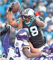  ??  ?? Panthers running back Jonathan Stewart scores the winning touchdown in the fourth quarter against the Vikings. BOB DONNAN/USA TODAY SPORTS