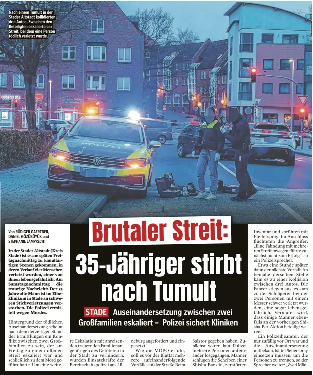  ?? ?? Nach einem Tumult in der Stader Altstadt kollidiert­en drei Autos. Zwischen den Beteiligte­n eskalierte ein Streit, bei dem eine Person tödlich verletzt wurde.