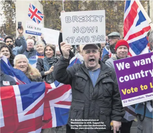  ??  ?? Pro-Brexit demonstrat­ors at Westminste­r in 2016. Support for leaving the union has diminished in the two years since the referendum