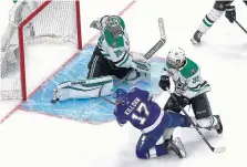  ?? BRUCE BENNETT/GETTY IMAGES ?? Dallas goalie Anton Khudobin saves a shot by the Tampa Bay Lightning’s Alex Killorn, a former Norfolk Admiral, during Game 1 of the Stanley Cup Final in Edmonton, Alberta. Khudobin had 35 saves, 22 in the last 20 minutes.