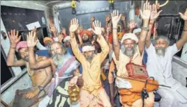  ?? PTI PHOTO ?? Amarnath pilgrims chant slogans as they resume their yatra, in Jammu on Sunday, after it was suspended due to bad weather.