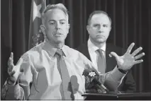  ?? STEVE MARCUS ?? Clark County Sheriff Joe Lombardo, left, beside Aaron Rouse, FBI special agent in charge of the Las Vegas Division, responds to a question during a media briefing at Metro Police headquarte­rs Monday.