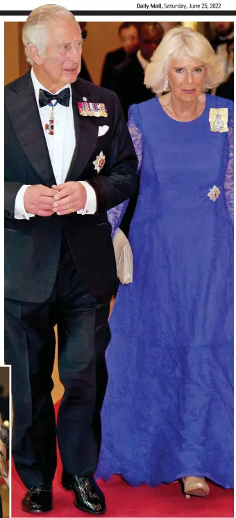  ?? ?? Red carpet: Charles and Camilla arrive at a heads of government dinner last night, where they were joined by Boris and Carrie Johnson, left