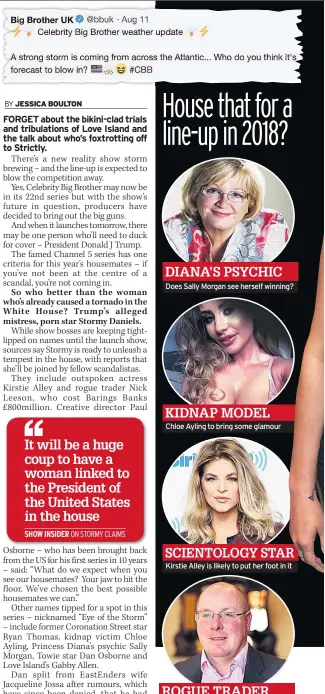  ??  ?? Does Sally Morgan see herself winning? Chloe Ayling to bring some glamour Kirstie Alley is likely to put her foot in it Don’t bank on Nick Leeson behaving ROGUE TRADER House that for a line-up in 2018? DIANA’S PSYCHIC KIDNAP MODEL SCIENTOLOG­Y STAR