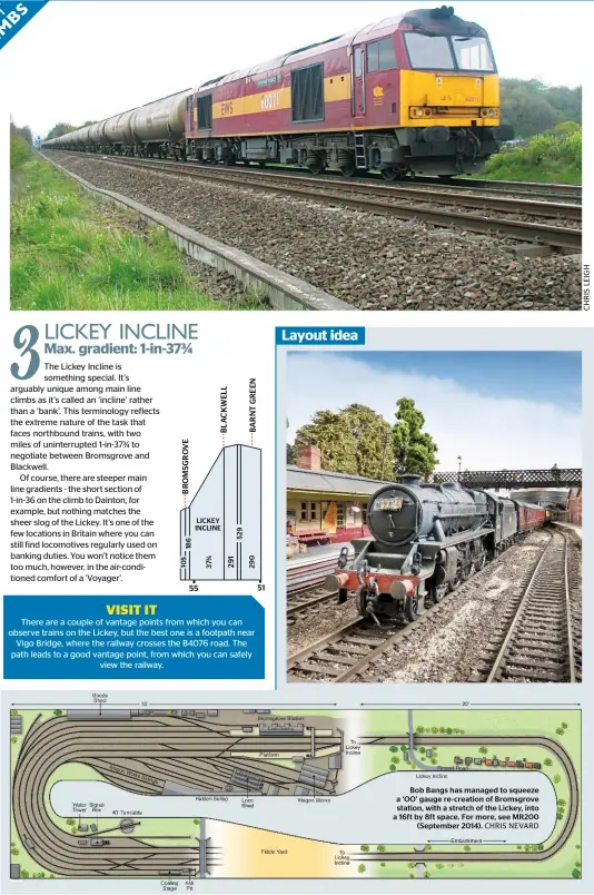  ?? CHRIS NEVARD ?? Bob Bangs has managed to squeeze a ‘OO’ gauge re-creation of Bromsgrove station, with a stretch of the Lickey, into a 16ft by 8ft space. For more, see MR200 (September 2014). Layout idea LICKEY INCLINE 51 55