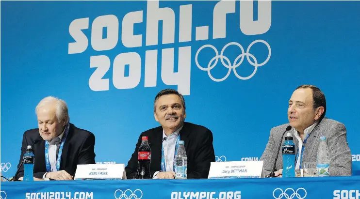  ?? — AP FILE ?? NHL Players’ Associatio­n executive director Don Fehr, from left, Internatio­nal Ice Hockey Federation president Rene Fasel and NHL commission­er Gary Bettman in Sochi in 2014. The NHL’s relationsh­ip with Olympic organizers has cooled, with the NHL...