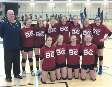  ?? HANDOUT PHOTO ?? Members of Kodiaks Red, a 14-and-under team from the Prince George Youth Volleyball Club, pose for a photo during the Kelowna Super Spike tournament at UBC Okanagan. The team advanced all the way to the final but settled for second place.