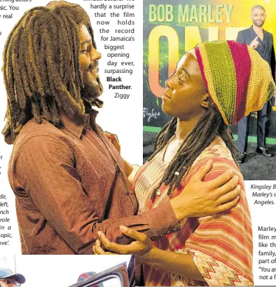  ?? ?? Kingsley Ben-Adir, who plays Marley left, and Lashana Lynch who takes on the role of his wife, Rita, in a scene from the biopic, ‘Bob Marley: One Love’.