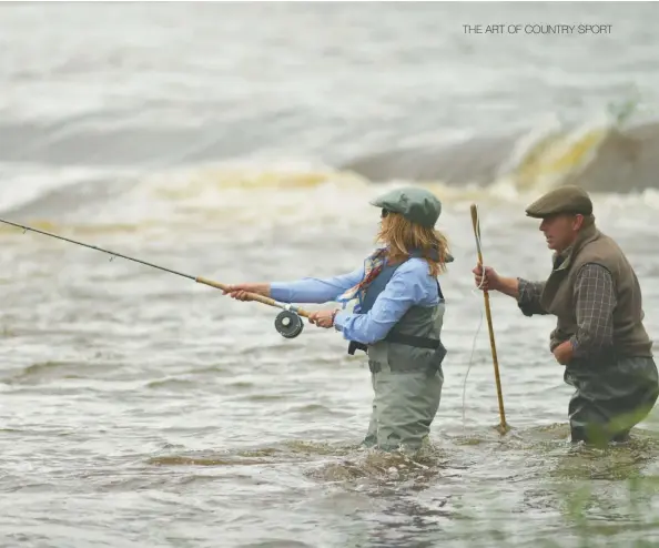  ??  ?? Left: Four examples of Shaw’s contempora­ry take on field sports art.
Above: Accompanie­d by veteran ghillie Ketch on the Hendersyde beat of the River Tweed where she caught her first salmon.