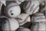  ?? ROSS D. FRANKLIN - THE ASSOIATED PRESS ?? FILE - In this Feb. 14, 2020, file photo, baseballs sit in a bucket after they were used for fielding practice during spring training baseball workouts for pitchers and catchers at Cleveland Indians camp in Avondale, Ariz. Major League Baseball revamped its spring training exhibition schedule because of the pandemic, cutting travel for Florida-based teams in an effort to avoid the novel coronaviru­s, the league announced Friday, Feb. 12, 2021.