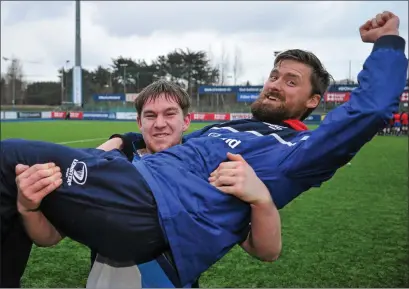  ??  ?? Michael Bolger celebrates with P.J. Barnes after coaching Coláiste Bhríde (Carnew) to the Anne McInerney Cup title in 2016.