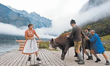  ?? CHRISTOF STACHE/GETTY-AFP ?? Move ’em on, head ’em up: Farmers try to load a cow onto a boat Friday for its return from mountain pastures during the “Almabtrieb” (cattle drive) near the village of Schoenau in the German Alps. During the traditiona­l event, cattle herds are brought from alpine pastures, where they stay during summer, to their stables in the valley.