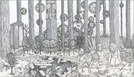  ??  ?? “Lost Time” by Ryan Carpenter. Carpenter’s ballpoint-pen works took hundreds of hours to complete and span several sheets of paper that connect depictions of intricate fantasy worlds.