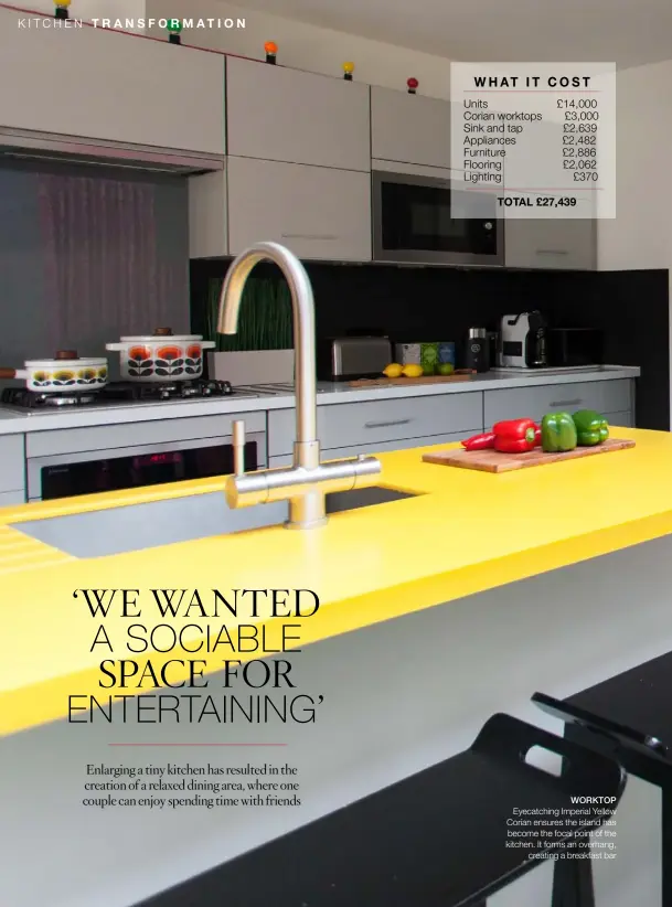  ??  ?? WORKTOP Eyecatchin­g Imperial Yellow Corian ensures the island has become the focal point of the kitchen. It forms an overhang, creating a breakfast bar