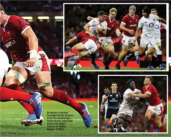  ??  ?? Dragons roaring: George North scores only try as George Ford (inset, top) and Itoje met their match in Wales’ Biggar (right)