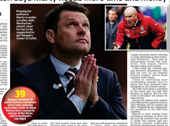  ??  ?? Praying for patience: Murty is under scrutiny with Warburton (inset) clear he has to be supported to get Rangers closer to Celtic