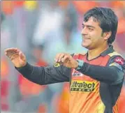  ?? AFP ?? Sunrisers Hyderabad’s Afghan legspinner Rashid Khan celebrates n the wicket of Suresh Raina in Hyderabad.