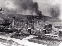  ?? COURTESY OF LIBRARY OF CONGRESS ?? Smoldering ruins of homes in Black neighborho­od after a racially motivated massacre in Tulsa, Oklahoma, in 1921.