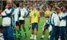  ?? Philippe Caron/Sygma/Getty Images ?? Ronaldo and his Brazil teammates stand dejected after their 3-0 loss to France. Photograph: