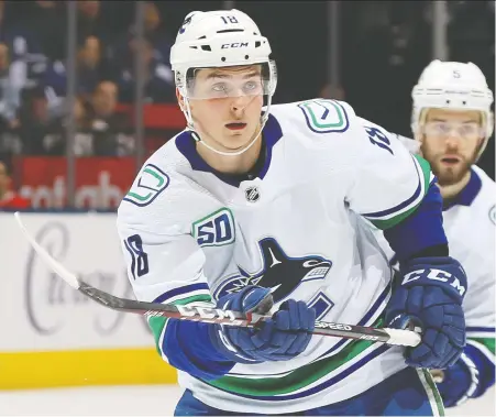  ?? CLAUS ANDERSEN/ GETTY IMAGES FILES ?? Jake Virtanen, who has an arbitratio­n case coming at the end of the month that should see his salary bumped up, could move to Bo Horvat's line if the Canucks can't find a free agent to sign during the current off-season.