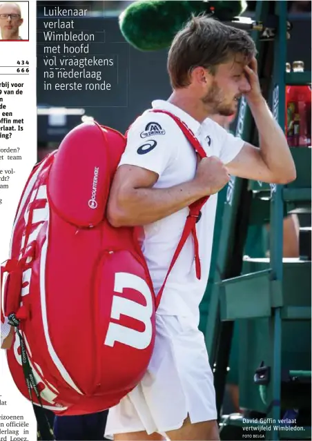  ?? FOTO BELGA ?? David Goffin verlaat vertwijfel­d Wimbledon.