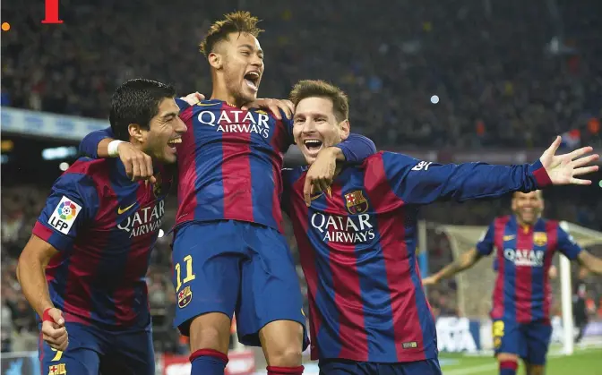  ?? — AP ?? BARCELONA: In this Sunday, Jan. 11, 2015 file photo, FC Barcelona’s Lionel Messi, right, Neymar, center, and Luis Suarez, celebrate after scoring against Atletico Madrid during a Spanish La Liga soccer match at the Camp Nou stadium in Barcelona, Spain....