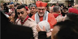  ?? Leo Correa/Associated Press ?? Latin Patriarch Pierbattis­ta Pizzaballa, the top Catholic clergyman in the Holy Land arrives at the Church of the Nativity, Sunday..