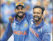  ??  ?? Virat Kohli’s decision to bring on Kedar Jadhav (R) against Sri Lanka didn’t reap dividends but it proved to be a masterstro­ke against Bangladesh on Thursday.