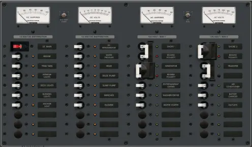  ??  ?? Since I’m adding AC shore-power circuits and might want capacity to expand DC circuits in the future, I’ll replace the boat’s current DC electrical panel with an AC/DC combined unit, such as this one from Blue Seas Systems.