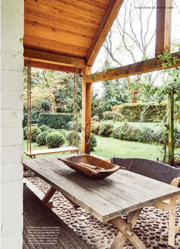  ??  ?? Pebbles and rugged timber joists add character and texture in this relaxing spot; FACING PAGE The black timber-clad extension is adjacent to the drawing studio; outside the utility room; plants frame the view to the garden.