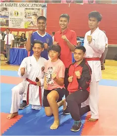  ??  ?? PLEDGING THEIR BEST: Carl (left, front), Leong, Eldrich, Faiz (left, back), Ivan and Alvin as well as Lovely Anne (not in photo) will be attending the MAKAF selection programme for the national kumite team.