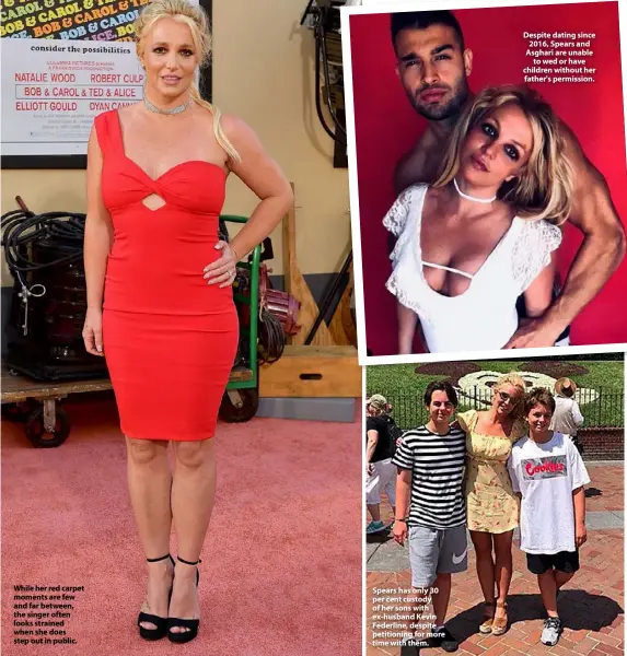  ??  ?? While her red carpet moments are few and far between, the singer often looks strained when she does step out in public.
Spears has only 30 per cent custody of her sons with ex-husband Kevin Federline, despite petitionin­g for more time with them.
Despite dating since 2016, Spears and Asghari are unable to wed or have children without her father's permission.