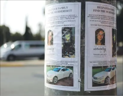  ?? FILE PHOTOS BY ARIC CRABB — STAFF PHOTOGRAPH­ER ?? Signs related to the hit-and-run death of Vanessa Arce are taped to a pole at Monterey Road and Curtner Avenue on Aug. 19 in San Jose.