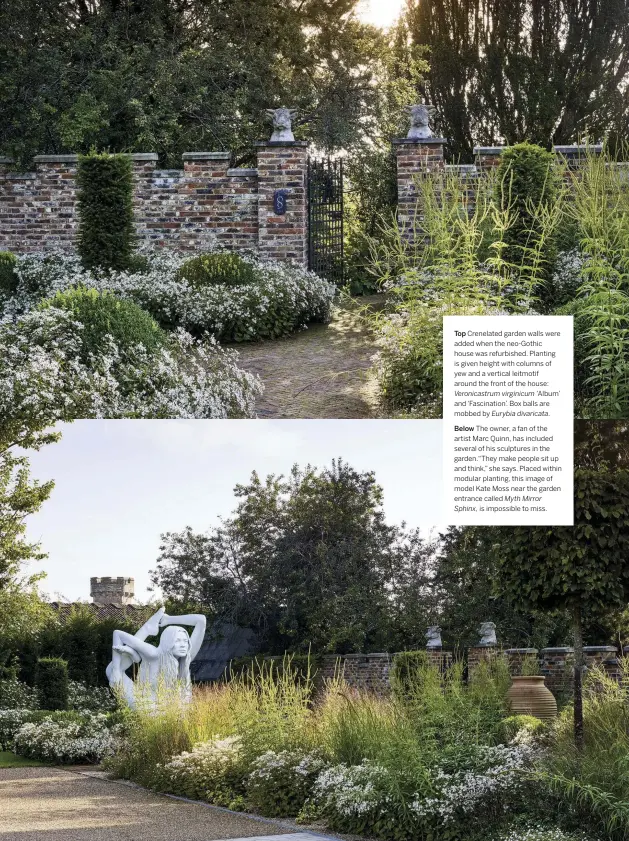  ??  ?? Top Crenelated garden walls were added when the neo-Gothic house was refurbishe­d. Planting is given height with columns of yew and a vertical leitmotif around the front of the house: Veronicast­rum virginicum ‘Album’ and ‘Fascinatio­n’. Box balls are mobbed by Eurybia divaricata.
Below The owner, a fan of the artist Marc Quinn, has included several of his sculptures in the garden.“They make people sit up and think,” she says. Placed within modular planting, this image of model Kate Moss near the garden entrance called Myth Mirror
Sphinx, is impossible to miss.