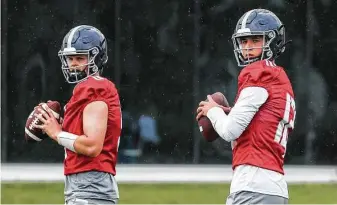  ?? Brett Coomer / Staff photograph­er ?? Rice quarterbac­ks Wiley Green, left, and Luke McCaffrey are competing for the starting spot, though coach Mike Bloomgren says he’s comfortabl­e with both to run the team.