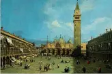  ??  ?? L’idea
Il quadro di Canaletto (in alto) con gli ombrelloni in Piazza San Marco. Sotto il rendering presentato da 7 caffè storici che chiedono di poterli usare