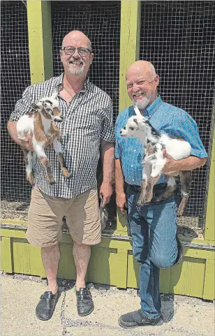  ??  ?? Paul Bolland, left, and Jack Kent hold Nigerian dwarf goats. Their animal menagerie was a popular part of The Potting Shed’s nursery.