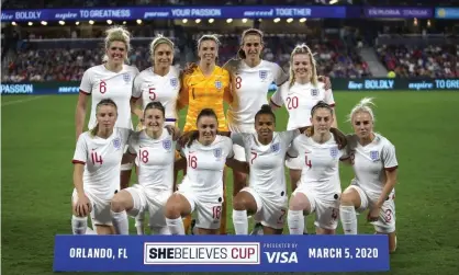  ??  ?? The England team before the SheBelieve­s Cup match against USA last month. Photograph: Alex Menendez/Shuttersto­ck