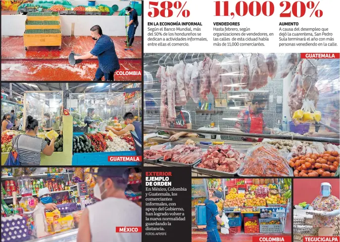  ?? FOTOS: AFP/EFE ?? exterior ejemplo de orden
En México, Colombia y Guatemala, los comerciant­es informales, con apoyo del Gobierno, han logrado volver a la nueva normalidad guardando la distancia.