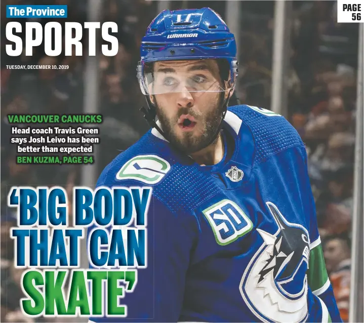  ?? — RICH LAM/GETTY IMAGES ?? Canucks winger Josh Leivo celebrates after scoring against Edmonton Dec 1. Leivo added two more goals to his season tally Dec. 7 against Buffalo.