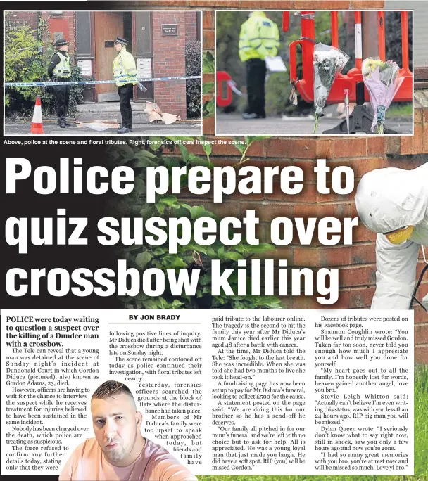  ??  ?? Above, police at the scene and floral tributes. Right, forensics officers inspect the scene.